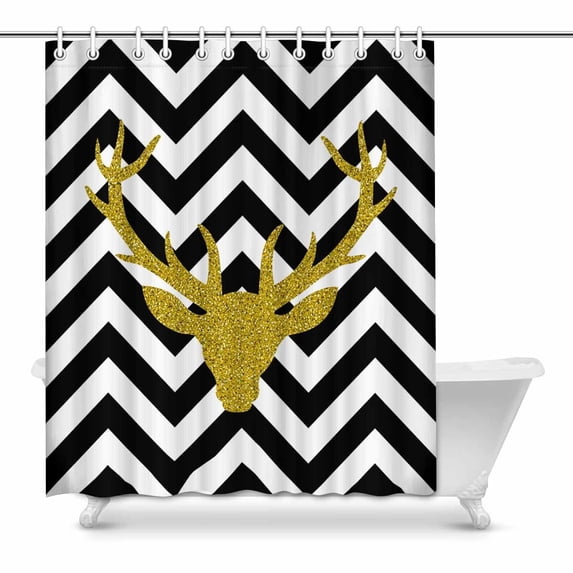 MKHERT Gold Glitter Deer Head in Black and White Chevron House Decor Shower Curtain for Bathroom Shower Curtain Set 60x72 inch