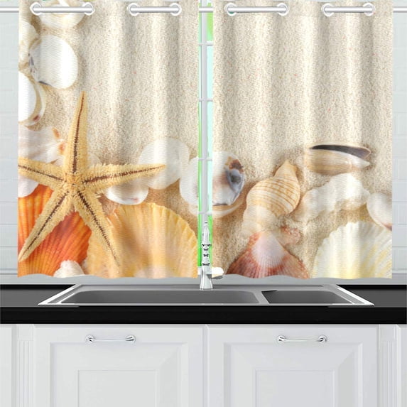 MKHERT Group Of Seashells Window Curtains Kitchen Curtain Room Bedroom Drapes Curtains 26x39 inch, 2 Piece