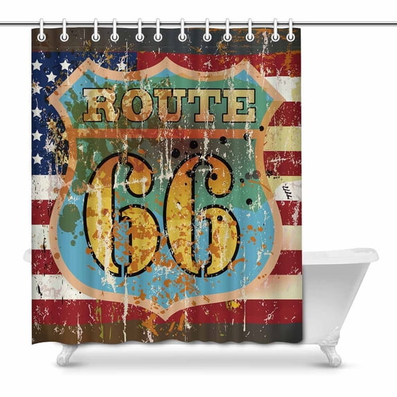 MKHERT Grungy Famous Route Road 66 on Vintage American Flag Waterproof Shower Curtain Decor Fabric Bathroom Set 66x72 inch