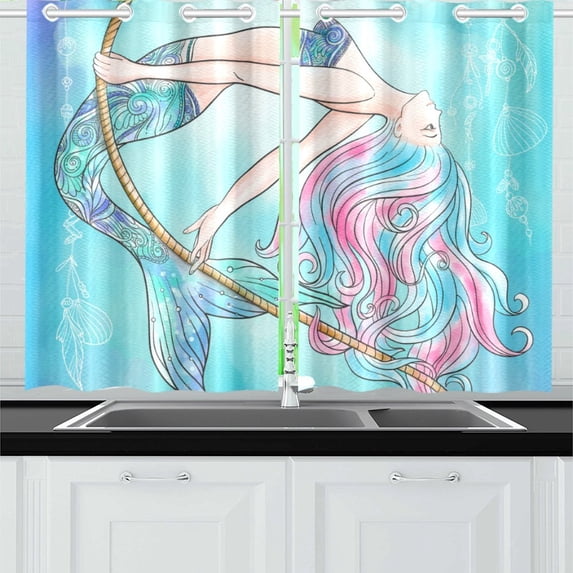 MKHERT Hand Drawn Mermaid Window Curtains Kitchen Curtain Room Bedroom Drapes Curtains 26x39 inch, 2 Piece