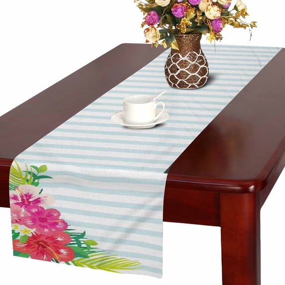 MKHERT HawaiianTropical Hibiscus Flowers with Mint Stripes Table Runner Home Decor for Kitchen Dining Wedding Party 16x72 Inch