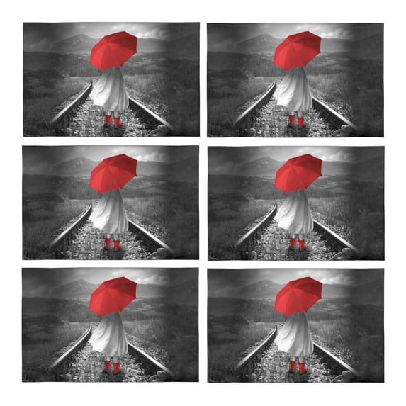 MKHERT Hipster Girl with A Red Umbrella On Tracks Placemats Table Mats for Dining Room Kitchen Table Decoration 12x18 inch,Set of 6