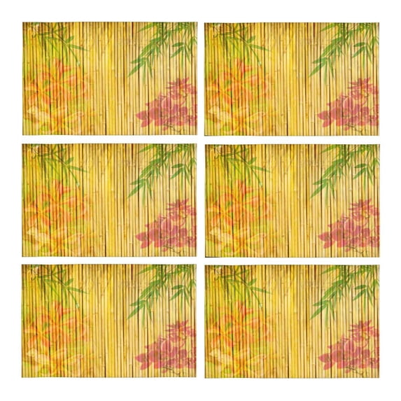 MKHERT Light Golden Bamboo with Bamboo Leaves and Flowers Placemats Table Mats for Dining Room Kitchen Table Decoration 12x18 inch,Set of 6