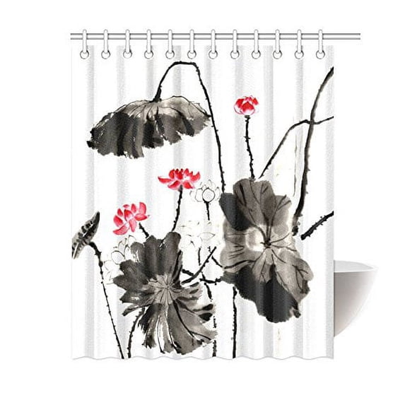 MKHERT Lotus Water Lily Chinese Ink and Aash Painting House Decor Shower Curtain for Bathroom Decorative Bathroom Shower Curtain Set 60x72 inch
