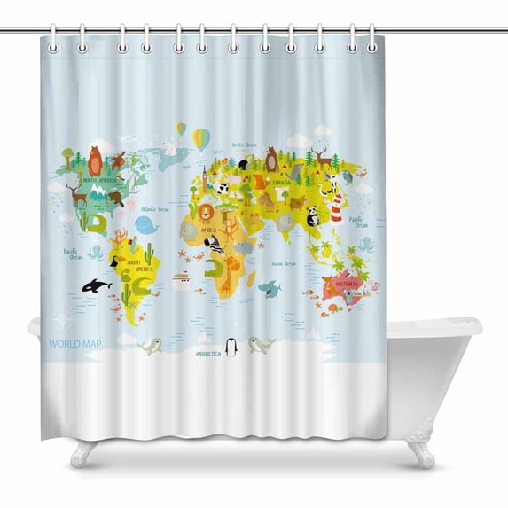 MKHERT Map of the World with Cartoon Animals for Kids House Decor Shower Curtain for Bathroom Decorative Bathroom Shower Curtain Set 60x72 inch