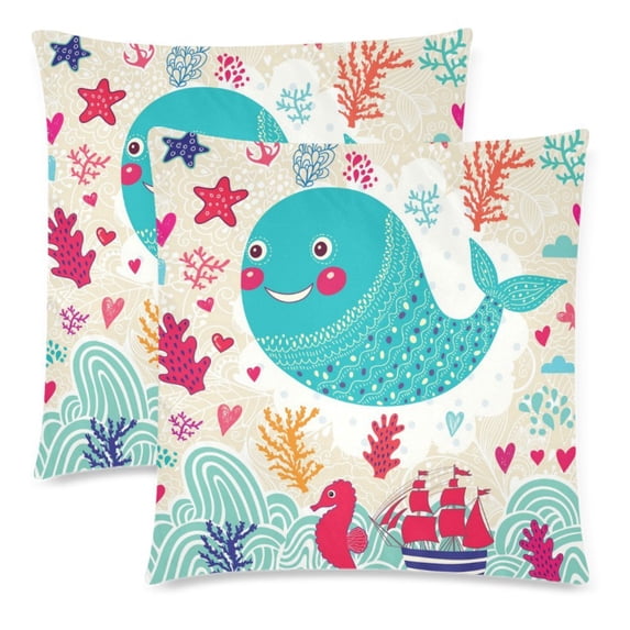 MKHERT Marine With Funny Whale Pillowcase Pillow Protector Cushion Cover 18x18 inch,Set of 2