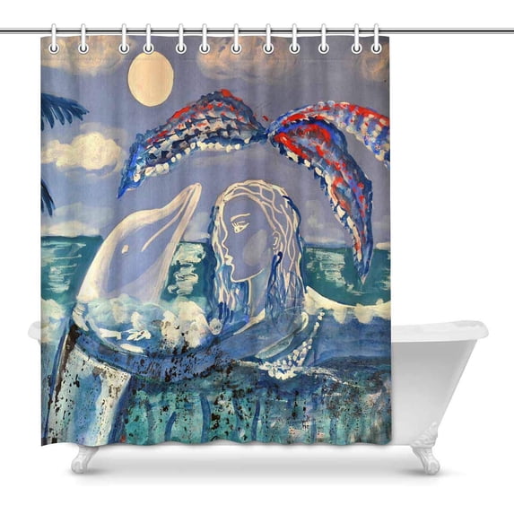 MKHERT Mermaid Dolphin Hugging in The Sea Painting Waterproof Shower Curtain Decor Fabric Bathroom Set Hooks 60x72 inch