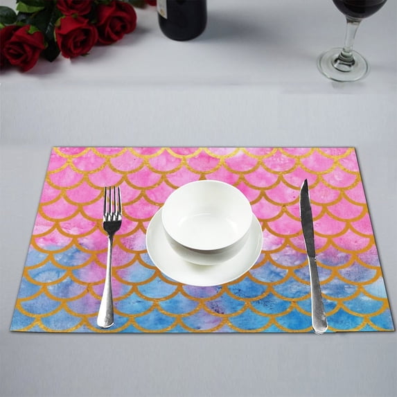 MKHERT Mermaid Scales Watercolor Fish Scales Placemats Table Mats for Dining Room Kitchen Table Decoration 12x18 inch,Set of 6