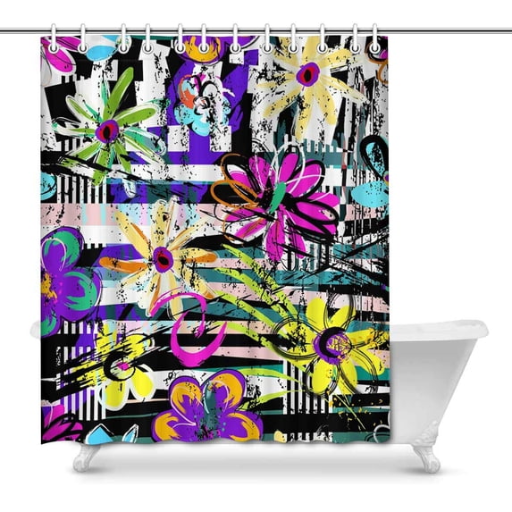 MKHERT Modern Graffiti Decor Vintage Daisy Flowers Stripes Decor Waterproof Polyester Bathroom Shower Curtain Bath Decorations Hooks 66x72 inch