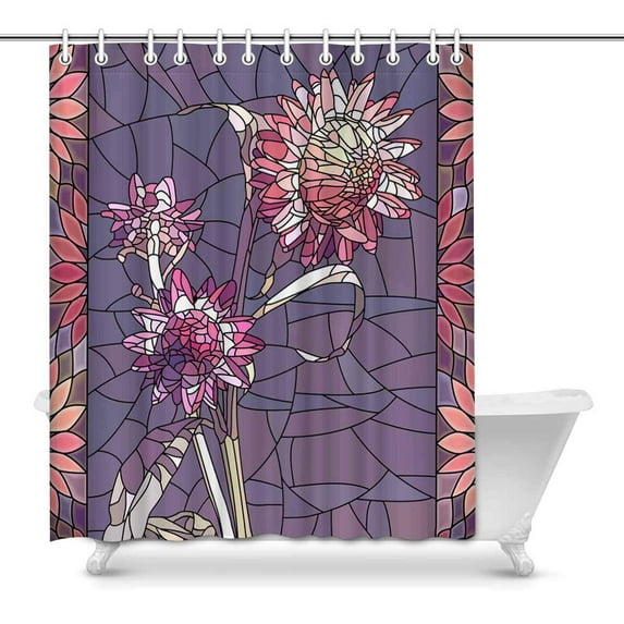 MKHERT Mosaic Pink Helichrysum Flowers in Stained Glass Window Frame Home Decor Waterproof Polyester Fabric Shower Curtain Bathroom Sets Hooks 66x72 inch