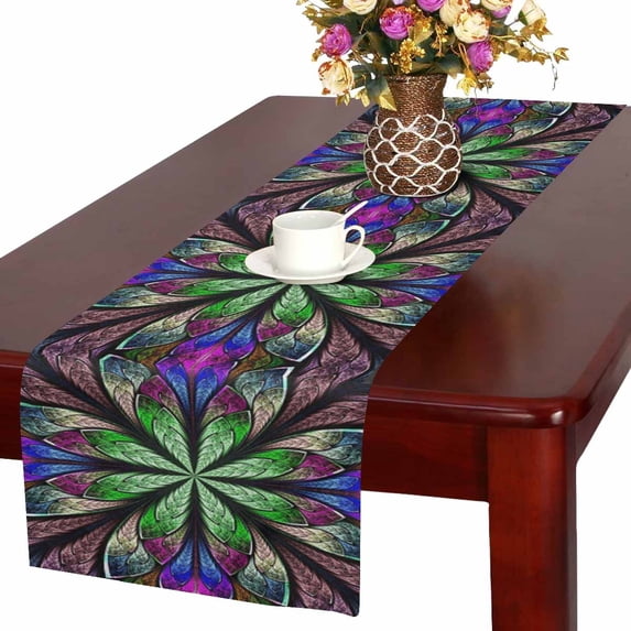 MKHERT Multicolor Beautiful Fractal Flower In Stained Glass Window Style Table Runner for Office Kitchen Dining Wedding Party Banquet 16x72 Inch