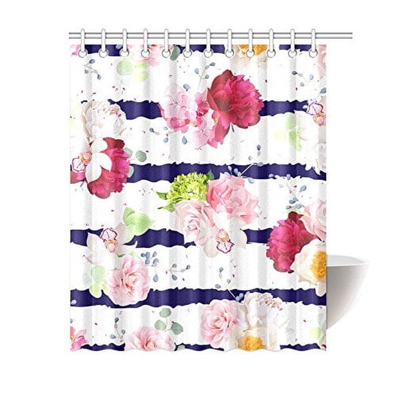 MKHERT Navy Striped Print with Roses Floral Waterproof Polyester Fabric Shower Curtain Bathroom Sets Home Decor 60x72 inch