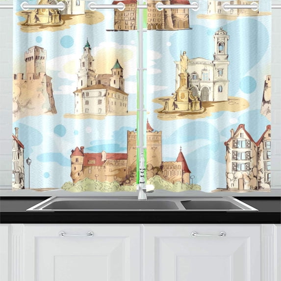 MKHERT Old City Buildings Window Curtains Kitchen Curtain Room Bedroom Drapes Curtains 26x39 inch, 2 Piece