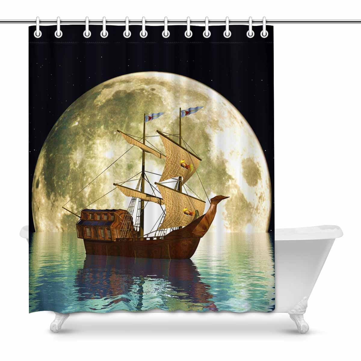Pirate Ship Shower Curtain - Vintage Nautical Theme With Full Moon Ocean Design, Polyester Bathroom Decor