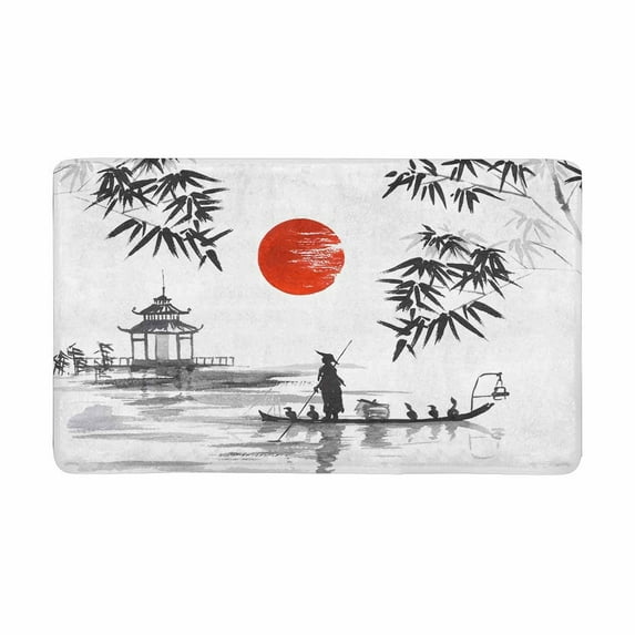 MKHERT Oriental Ink Painting Man with Boat and Bamboo Leaves Doormat Rug Home Decor Floor Mat Bath Mat 30x18 inch