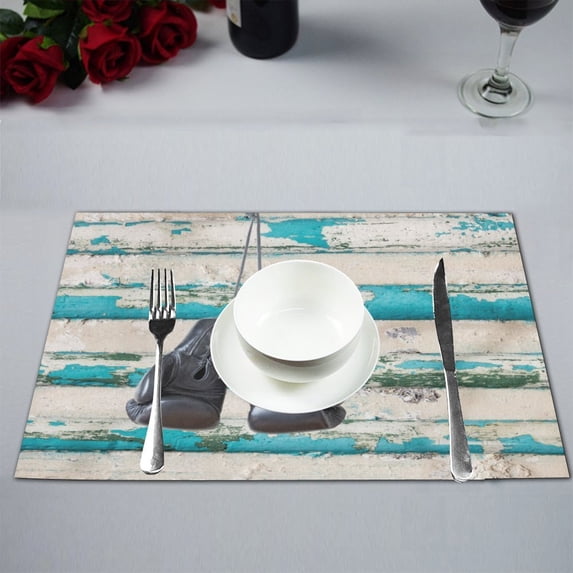 MKHERT Pair of Boxing Gloves on Blue Rustic Wood Wall Placemats Table Mats for Dining Room Kitchen Table Decoration 12x18 inch,Set of 4
