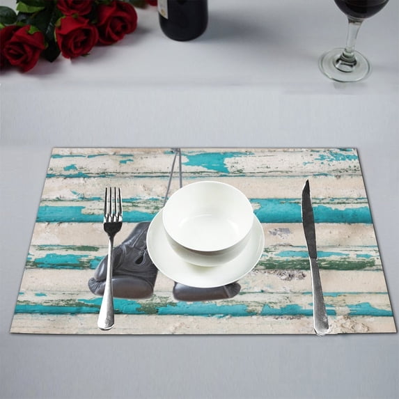MKHERT Pair of Boxing Gloves on Blue Rustic Wood Wall Placemats Table Mats for Dining Room Kitchen Table Decoration 12x18 inch,Set of 6