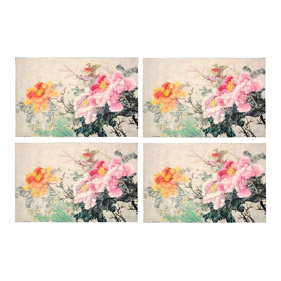 MKHERT Peony Flowers Traditional Oriental Chinese Ink and Wash Painting Placemats Table Mats for Dining Room Kitchen Table Decoration 12x18 inch,Set of 4