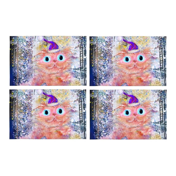 MKHERT Pink Cat with Present at Winter Street Animal Painting Placemats Table Mats for Dining Room Kitchen Table Decoration 12x18 inch,Set of 4