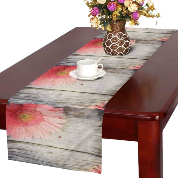 MKHERT Pink Gerbera Flowers on Vintage Wooden Background Table Runner Home Decor for Home Kitchen Wedding Party Banquet Decoration 16x72 Inch