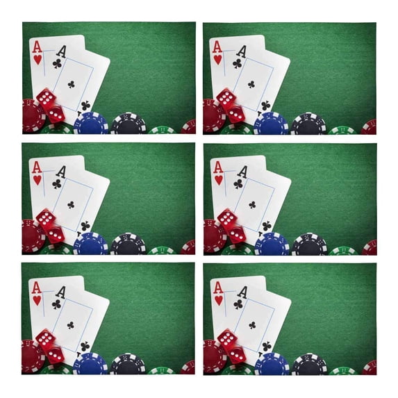 MKHERT Playing Cards Poker Chips and Dices On Green Table Placemats Table Mats for Dining Room Kitchen Table Decoration 12x18 inch,Set of 6