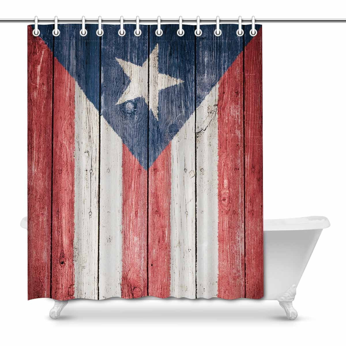 MKHERT Puerto Rican Flag on Wood Background Waterproof Fabric Shower