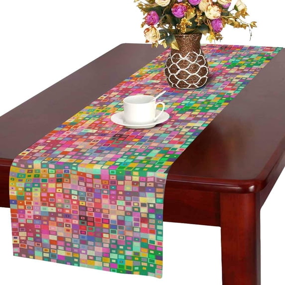 MKHERT Rainbow Like Colorful Design with Geometrical Details Squares with Dots Table Runner Home Decor for Home Kitchen Wedding Party Banquet Decoration 16x72 Inch