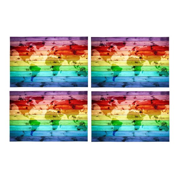 MKHERT Rainbow World Map with Horizontal Colours On Wood Placemats Table Mats for Dining Room Kitchen Table Decoration 12x18 inch,Set of 4