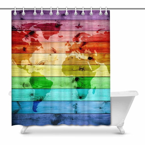 MKHERT Rainbow World Map with Horizontal Colours on Wood House Decor Shower Curtain for Bathroom Decorative Bathroom Shower Curtain Set 66x72 inch