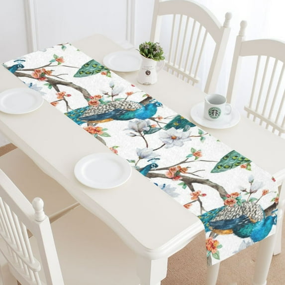 MKHERT Raster Peacock Table Runner for Office Kitchen Dining Wedding Party Home Decor 14x72 inch