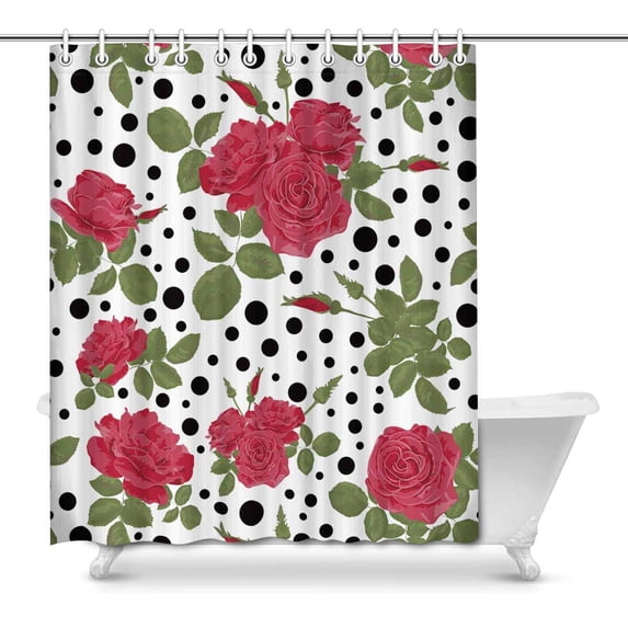 MKHERT Red Roses Black Polka Dots Circles Home Decor Waterproof Polyester Bathroom Shower Curtain Bath Decorations Hooks 66x72 inch