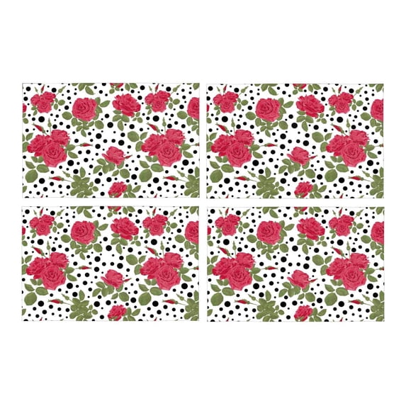 MKHERT Red Roses with Black Polka Dots Circles Placemats Table Mats for Dining Room Kitchen Table Decoration 12x18 inch,Set of 4