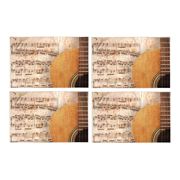 MKHERT Retro Guitar On Old Musical Paper Musical Instruments Placemats Table Mats for Dining Room Kitchen Table Decoration 12x18 inch,Set of 4