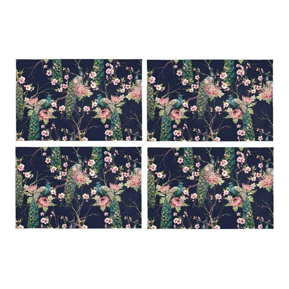 MKHERT Retro Watercolor Peacock On Cherry Flowering Trees Placemats Table Mats for Dining Room Kitchen Table Decoration 12x18 inch,Set of 4