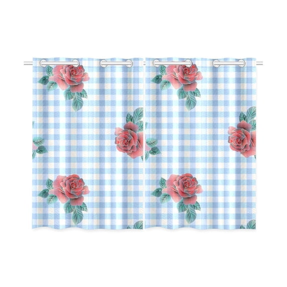MKHERT Roses Light Blue Fashion Checkered Window Curtains Kitchen Curtain Room Bedroom Drapes Curtains 26x39 inch, 2 Piece