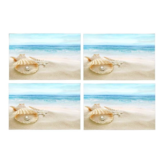 MKHERT Sea Shell with Pearl and Starfish On Tropical Blue Beach Placemats Table Mats for Dining Room Kitchen Table Decoration 12x18 inch,Set of 4