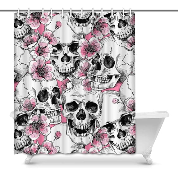 MKHERT Skull with Flowers Pink Cherry Seamless Pattern Waterproof Fabric Shower Curtain Set for Bathroom 60x72 inch