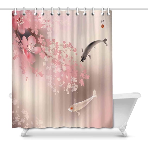 MKHERT Spring Sakura Cherry Blossom Koi Oriental Culture Home Decor Waterproof Polyester Bathroom Shower Curtain Bath Decorations Hooks 66x72 inch