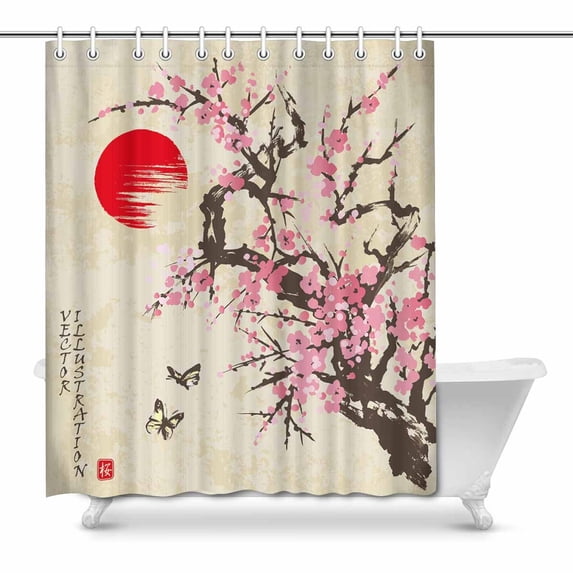 MKHERT Spring Sakura Cherry Blossom with Butterflies Home Decor Waterproof Polyester Bathroom Shower Curtain Bath 66x72 inch