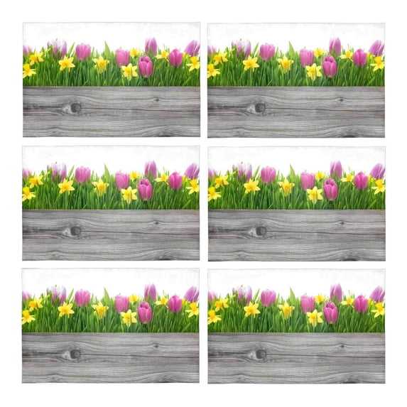 MKHERT Spring Tulips and Daffodils Flowers Blossoms On Wood Placemats Table Mats for Dining Room Kitchen Table Decoration 12x18 inch,Set of 6