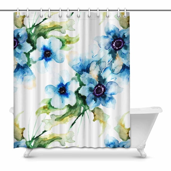 MKHERT Summer Blue Flowers Watercolor Floral Painting House Decor Shower Curtain for Bathroom Decorative Fabric Bath Curtain Set 60x72 inch