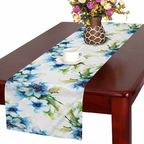 MKHERT Summer Blue Flowers Watercolor Floral Painting Table Runner Home Decor for Home Kitchen Dining Wedding Party 16x72 Inch