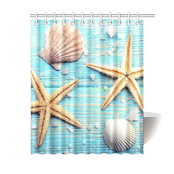 MKHERT Summer Sea Stars and Shells on Vintage Blue Wood Decor Waterproof Polyester Bathroom Shower Curtain Bath 60x72 inch