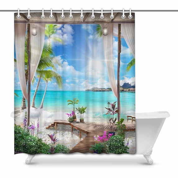 MKHERT Summer Seascape Palms Sun Flowers and Transparent Curtains Waterproof Shower Curtain Decor Fabric Bathroom Set 66x72 inch