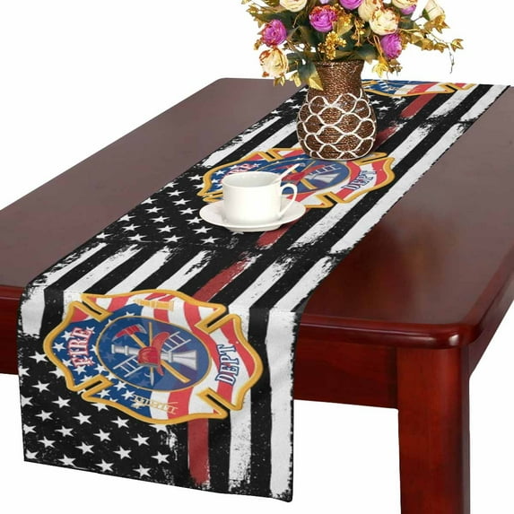 MKHERT Tattered Flag Red Line Fire Fighter Flag Table Runner Home Decor for Kitchen Dining Wedding Party 16x72 Inch