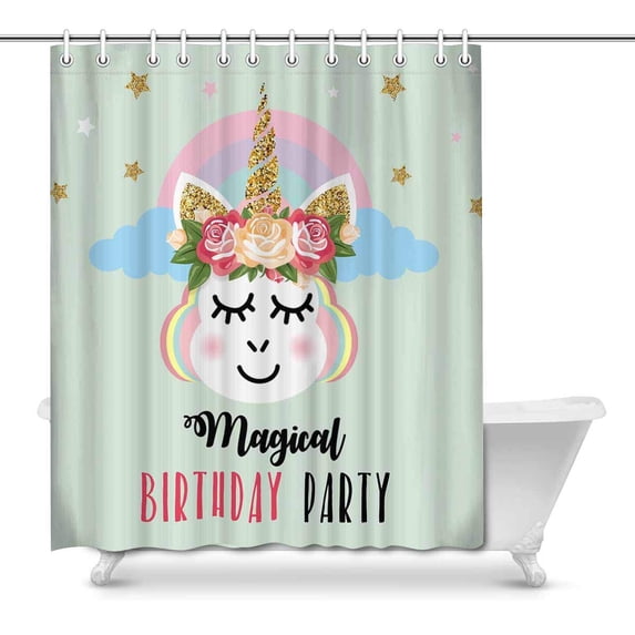 MKHERT Unicorn Rainbow Flowers Happy Birthday House Decor Shower Curtain Bathroom Decorative Bathroom Shower Curtain Set Rings 66x72 inch