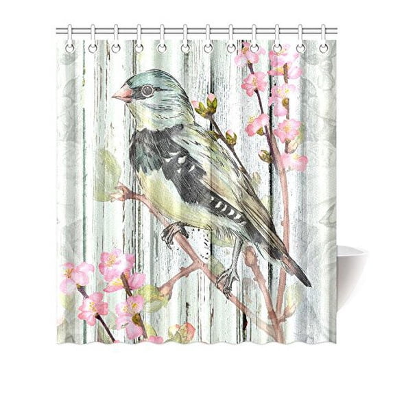 MKHERT Vintage Bird with Flowers on Wooden Design Waterproof Shower Curtain Decor Animal Fabric Bathroom Set 66x72 inch