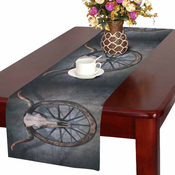 MKHERT Vintage Bull Skull and Old Western Wagon Wheel on Scratched Wall Table Runner Home Decor for Home Kitchen Dining Wedding Party 16x72 Inch