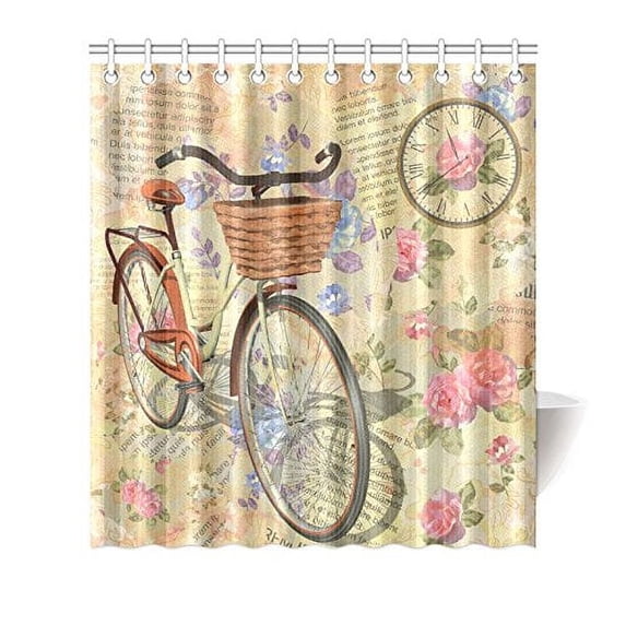MKHERT Vintage Flowers Waterproof Shower Curtain Decor Vintage Newspaper Floral Roses Clock and Bicycle Fabric Bathroom Set 66x72 inch