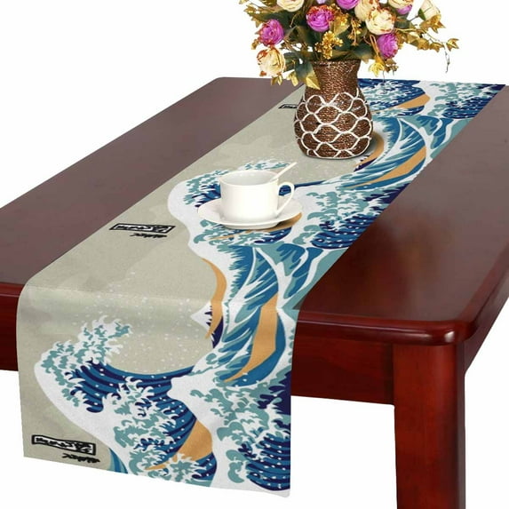 MKHERT Vintage Japanese Sea Wave Art and Fuji Mountain Table Runner Home Decor for Home Kitchen Dining Wedding Party 16x72 Inch